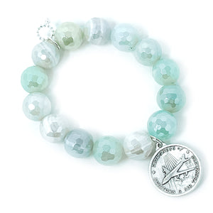 Faceted Iridescent Caribbean Agate with Silver Round Our Lady of Loretto