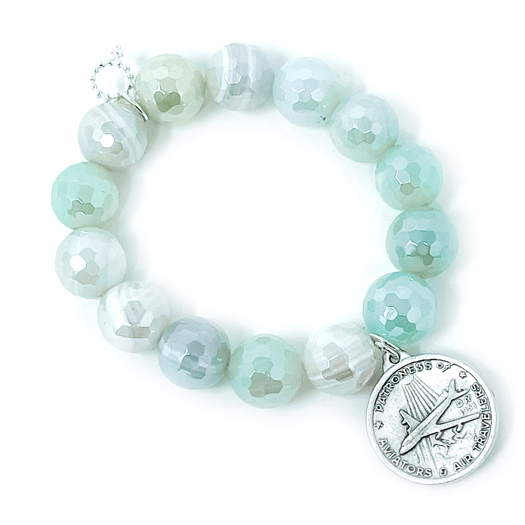 Faceted Iridescent Caribbean Agate with Silver Round Our Lady of Loretto