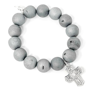 Matte Grey Druzy Agate with Silver 4-way Cross