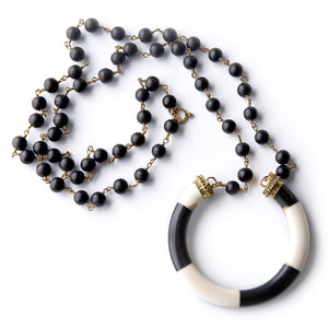 Matte Black Onyx Rosary Necklace with Black and Cream Strength Horn