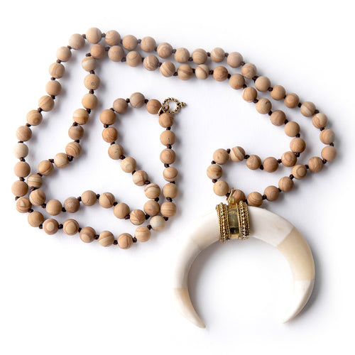 Matte Picture Jasper Hand Tied Gemstone Necklace with Cream Strength Horn