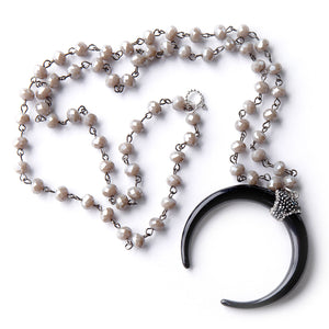 Faceted Mushroom Taupe Agate Rosary Chain with Black Resin and Pave Horn