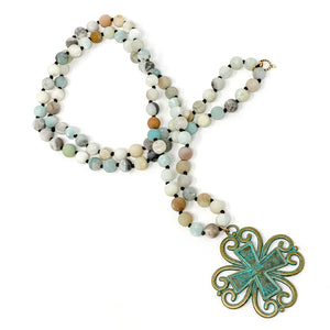 36" Hand tied Amazonite with Large Patina Cross