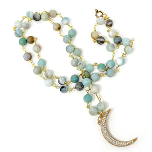 34" Amazonite Rosary Necklace with Gold Pave Crescent Moon