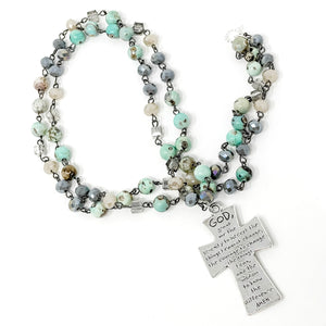 34" Seafoam Agate Rosary Necklace with Serenity Prayer Cross
