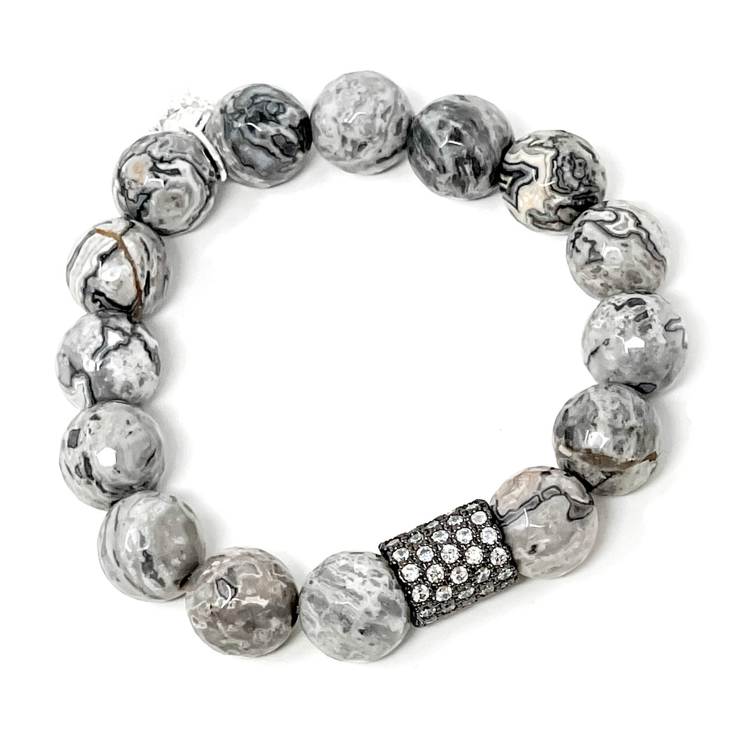 12mm Faceted Silver Leaf Agate with Gunmetal Pave Lace Accent