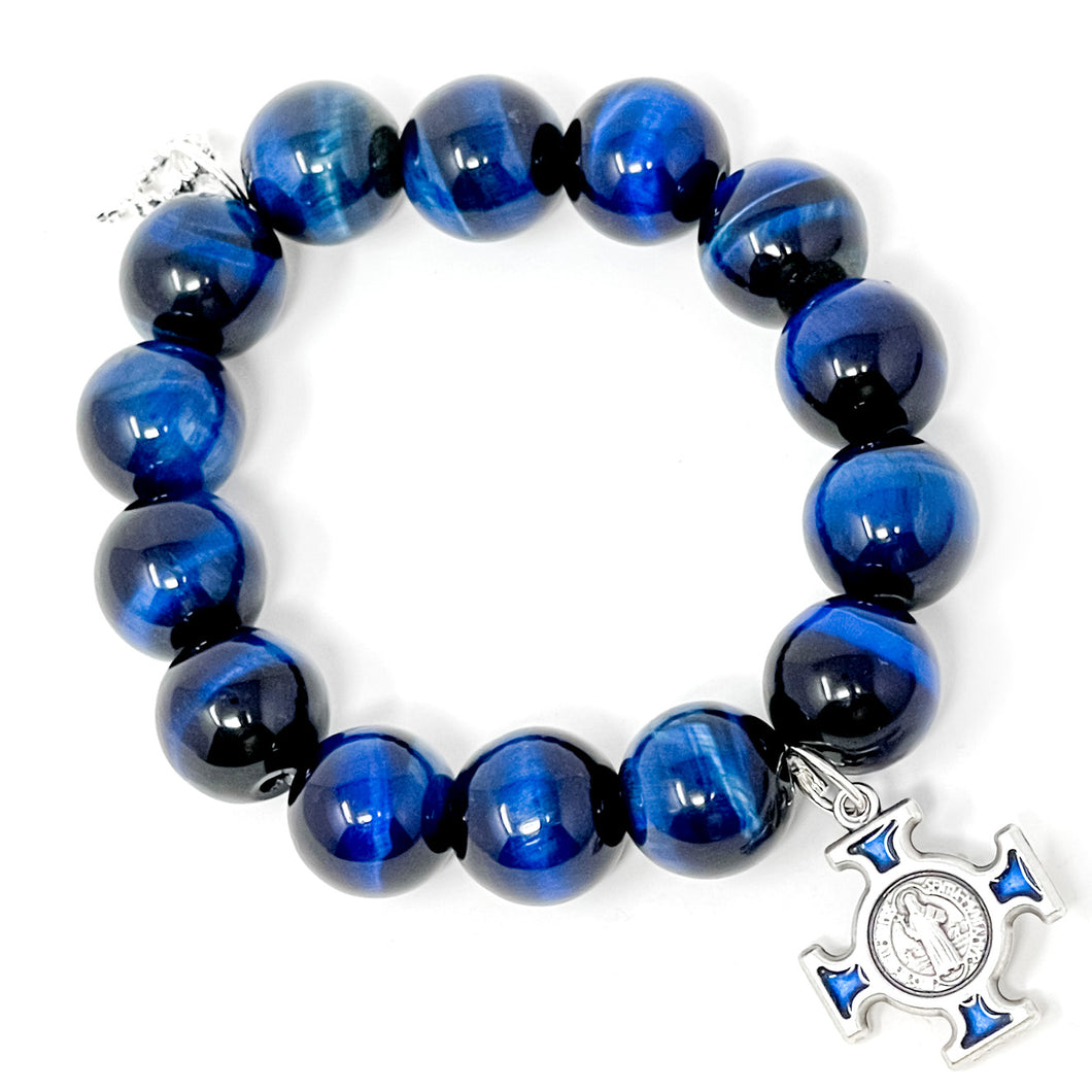 Midnight Blue Tiger Eye with Blue Enameled St. Benedict