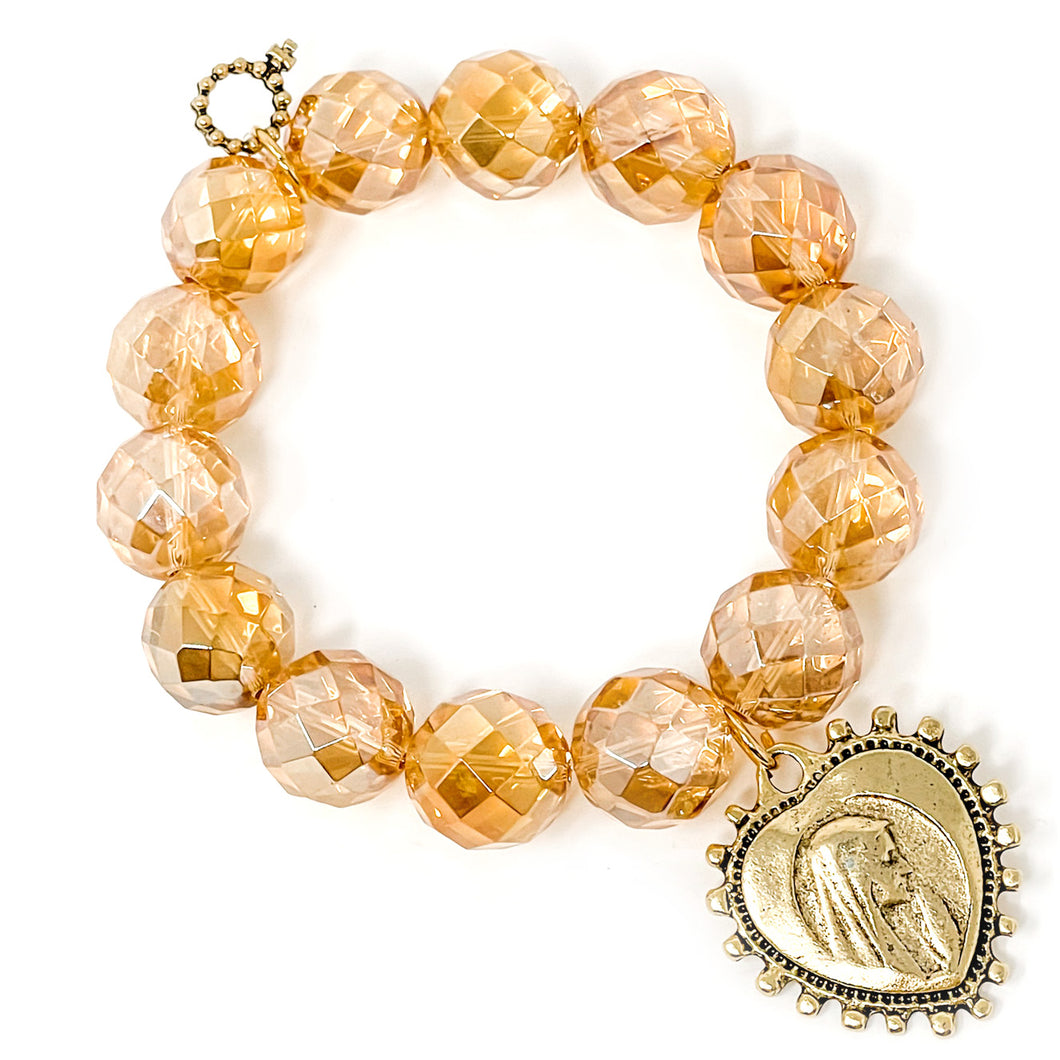 Faceted Gold Iridescent Cut Quartz paired with an Exclusively Cast Heart Shaped Blessed Mother