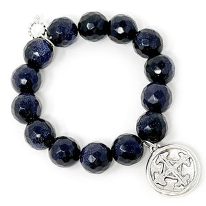 Faceted Navy Goldstone with Silver Serenity Prayer
