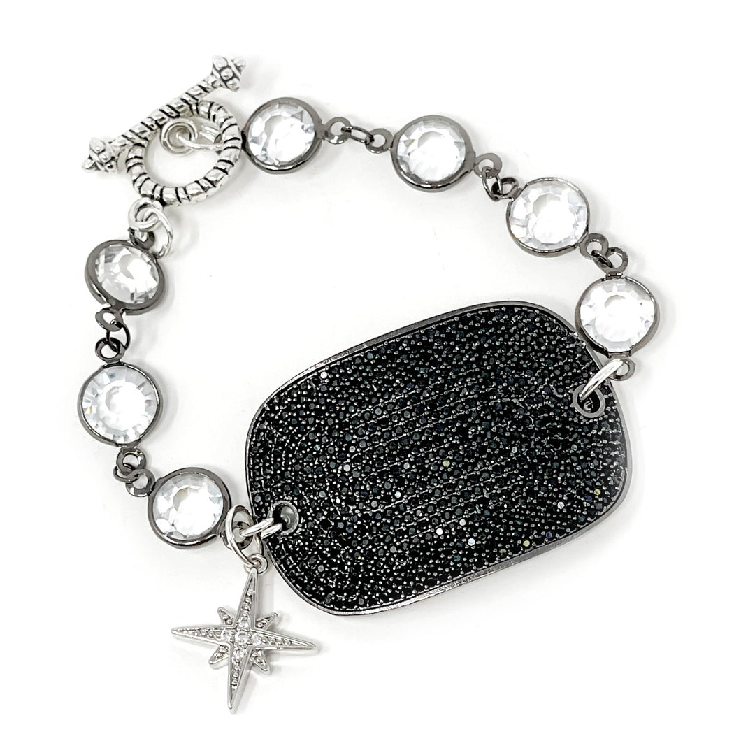 Jet Pave Dog Tag Statement with Quartz Bezel Chain and Silver Star