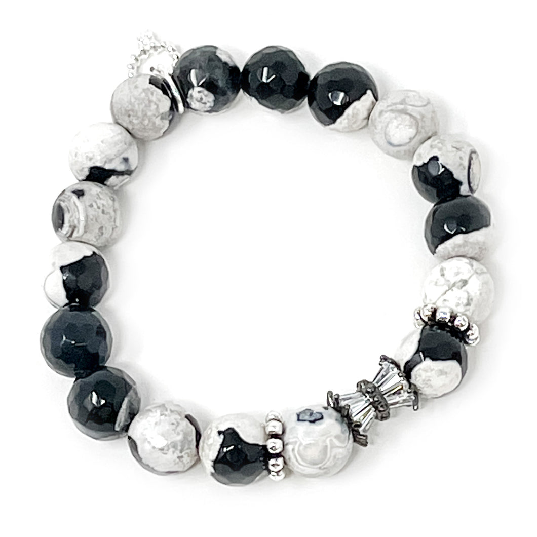 10mm Petite Faceted Black and White Agate with Bow Tie Pave