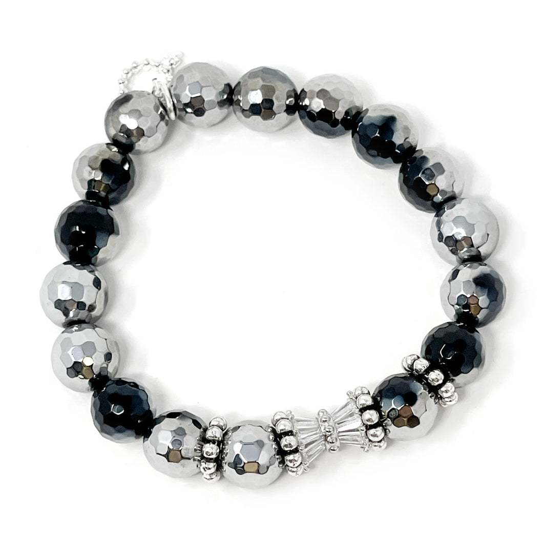 10mm Petite Silver Black Tie Agate with Bow Tie Pave