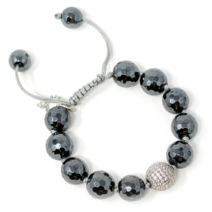 Adjustable Faceted Gunmetal Hematite with Silver Micropave