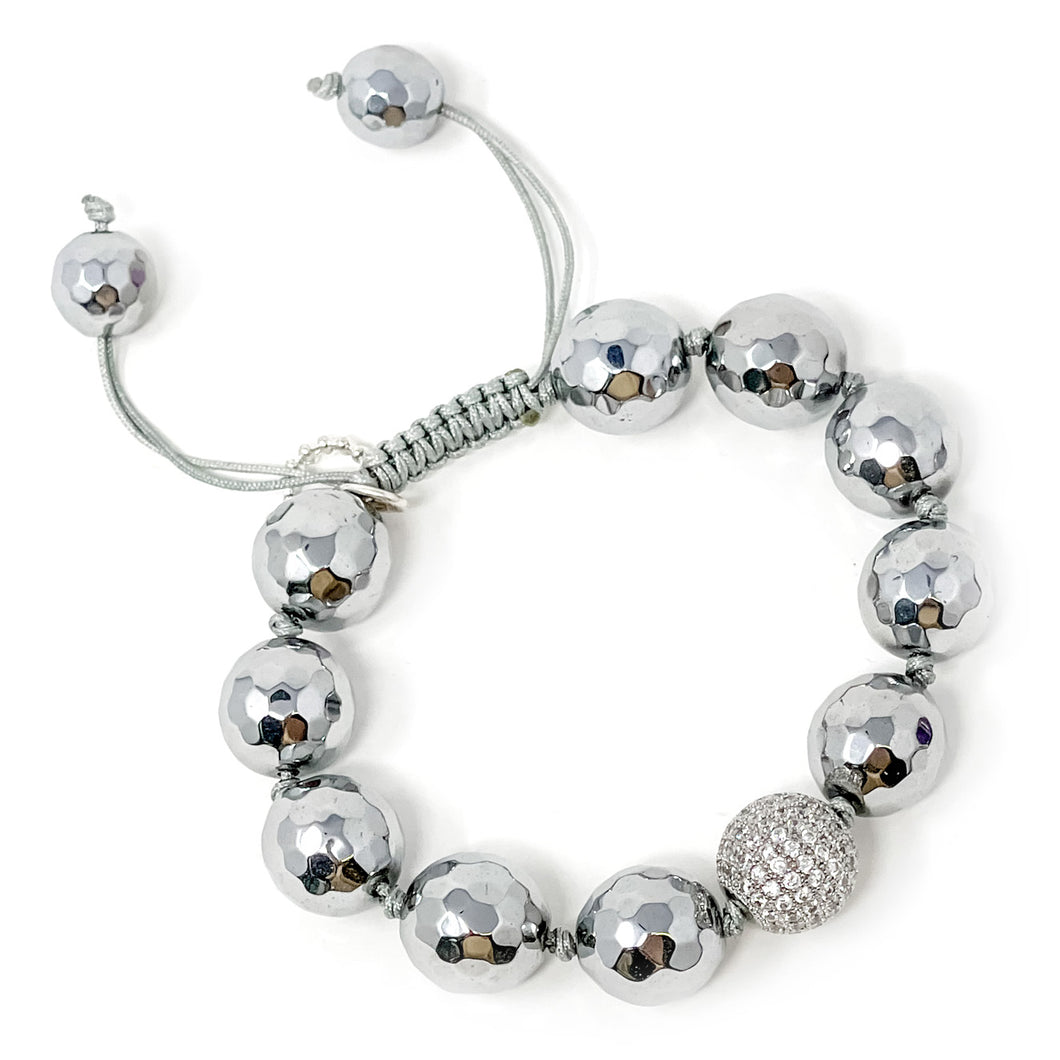 Adjustable Faceted Silver Hematite with Silver Micropave