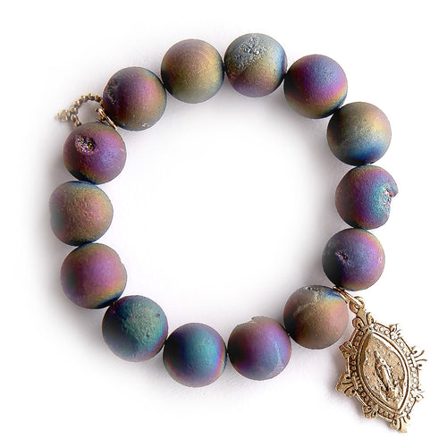 Matte Iridescent Druzy Agate with Gold Fleur Blessed Mother