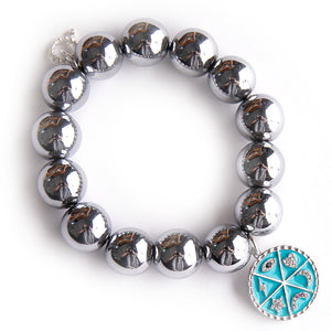 Silver Hematite paired with Blue Enameled Lucky Wheel