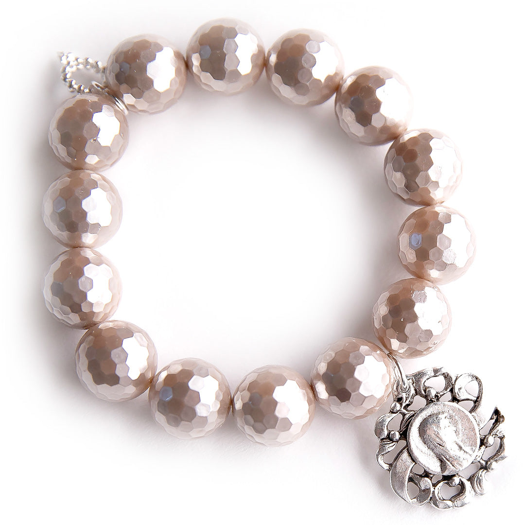 Faceted Mother of Pearl paired with a Silver Blessed Mother & Ribbon detail