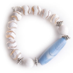 12mm White Wave Agate paired with Silver Accents and Ethereal Agate Barrel