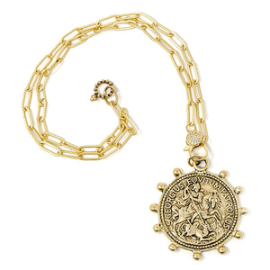 18" Matte Gold Paperclip Necklace featuring a Dotted St. George Medallion
