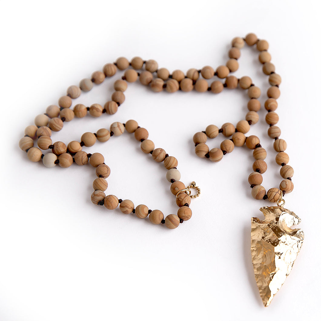 Hand Tied Matte Picture Jasper Gemstone Necklace with Gold Arrow Head