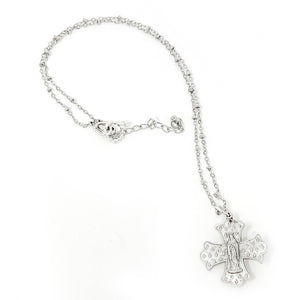 18" Silver Beaded Chain with Silver Fleur Mary Cross Short Necklace