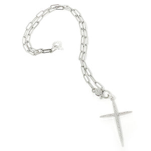 18" Silver Paperclip Chain with Modern Pave Cross Short Necklace