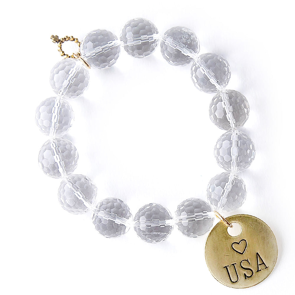 Faceted Clear Cut Quartz paired with a Bronze Hand Stamped USA medal