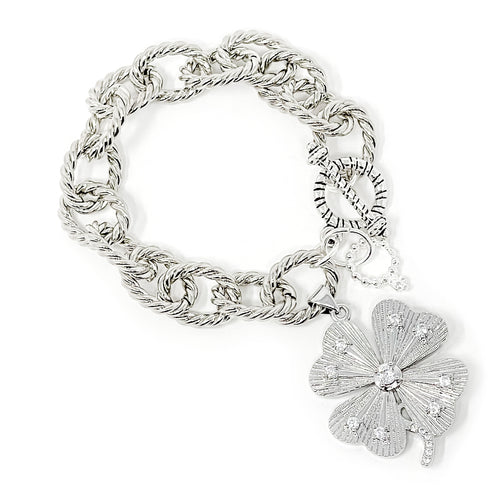 Petite Twisted Link Silver Toggle Bracelet with a large Irish Pave Clover