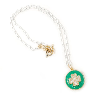 18" White Enameled Chain with Green Enamel and Pave Clover