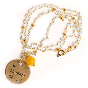Aqua quartz rosary chain necklace with goldenrod agate accent and hand stamped bronze Scorpio medal