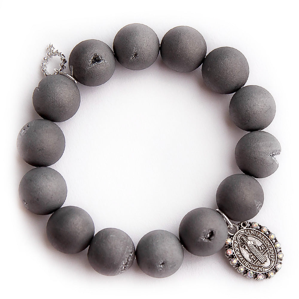 Matte grey druzy agate with sparkle St. Benedict