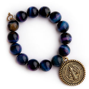 Northern lights tiger eye with gold braided St. Benedict