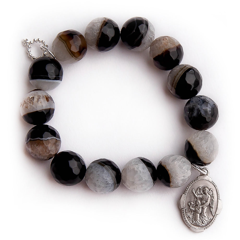 Faceted crescent agate with silver Guardian Angel
