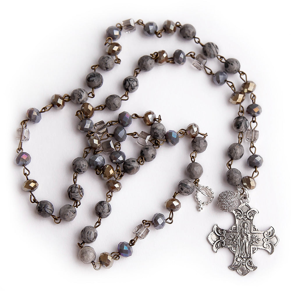 Faceted silver agate rosary chain necklace with silver Sacred Heart cross and pave droplet