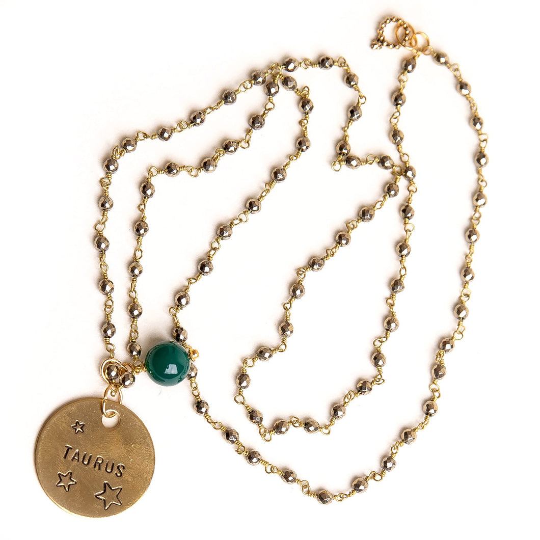 Gold hematite rosary chain necklace with green jade accent and hand stamped bronze Taurus medal
