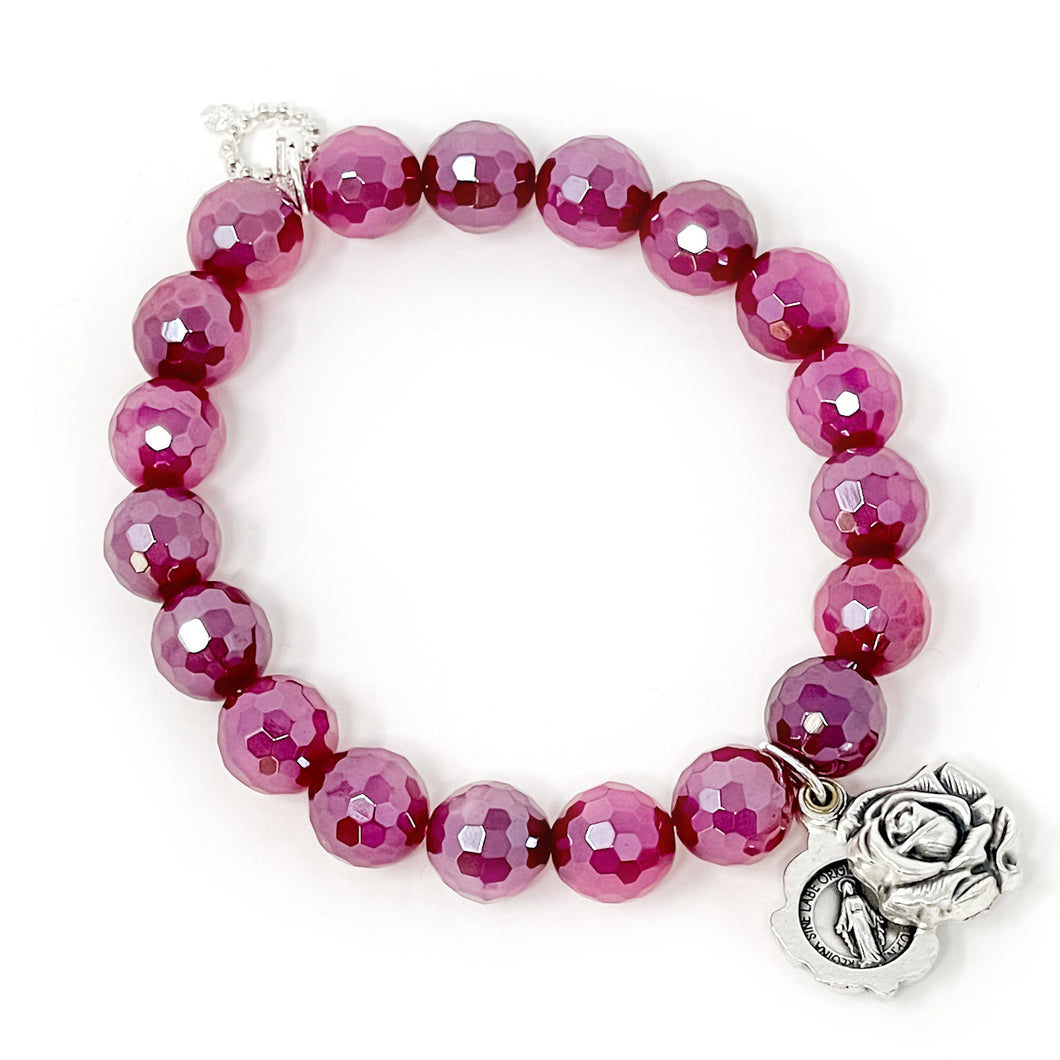 10mm Faceted Sugar Plum Agate with Sliding Rose Blessed Mother Locket