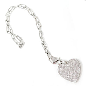 18" Silver Paperclip Necklace with Pave Heart