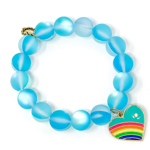 12mm Matte Capri Blue Agate with Blue Enameled Rainbow Heart