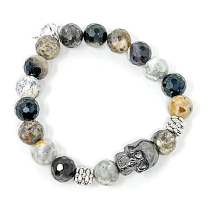 10mm Faceted Granite Jasper Gunmetal Skully