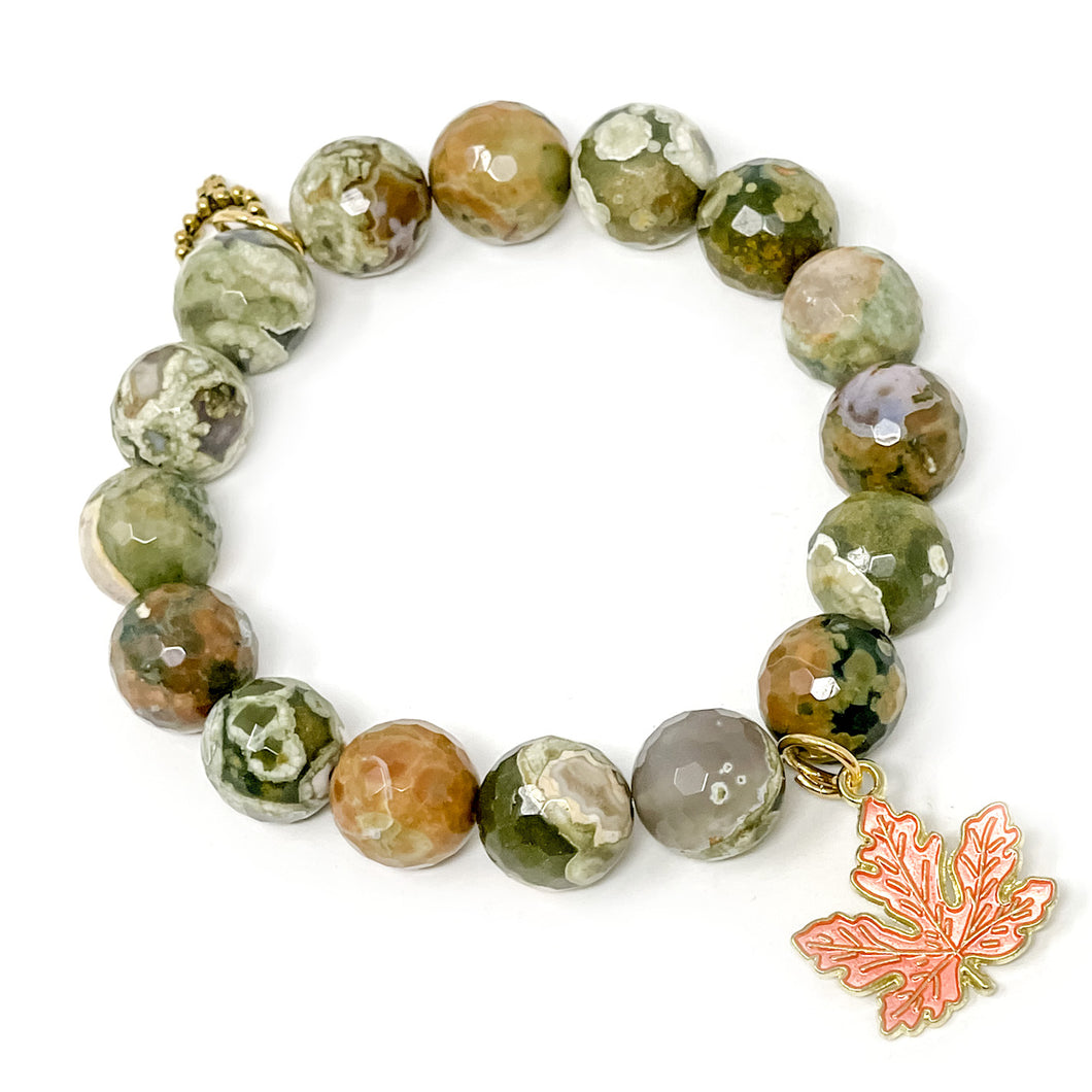 12mm Faceted Camouflage Agate paired with an Enameled Leaf