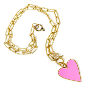 18" Matte Gold Paperclip Necklace with Pink Enameled Heart