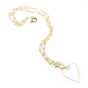 18" Matte Gold Paperclip Necklace with Enameled White Heart