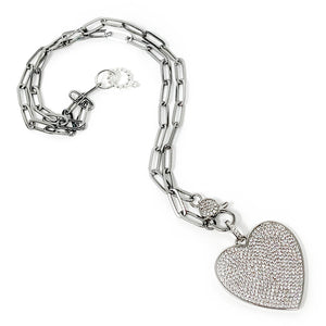 18" Silver Paperclip Necklace with Pave Heart