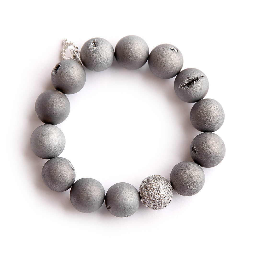 Matte Grey Druzy Agate with silver micropave