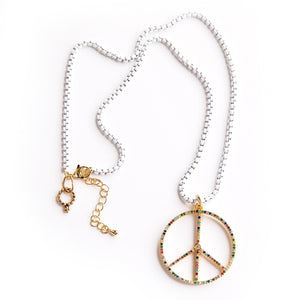 18" White Enameled Necklace with multicolored peace sign
