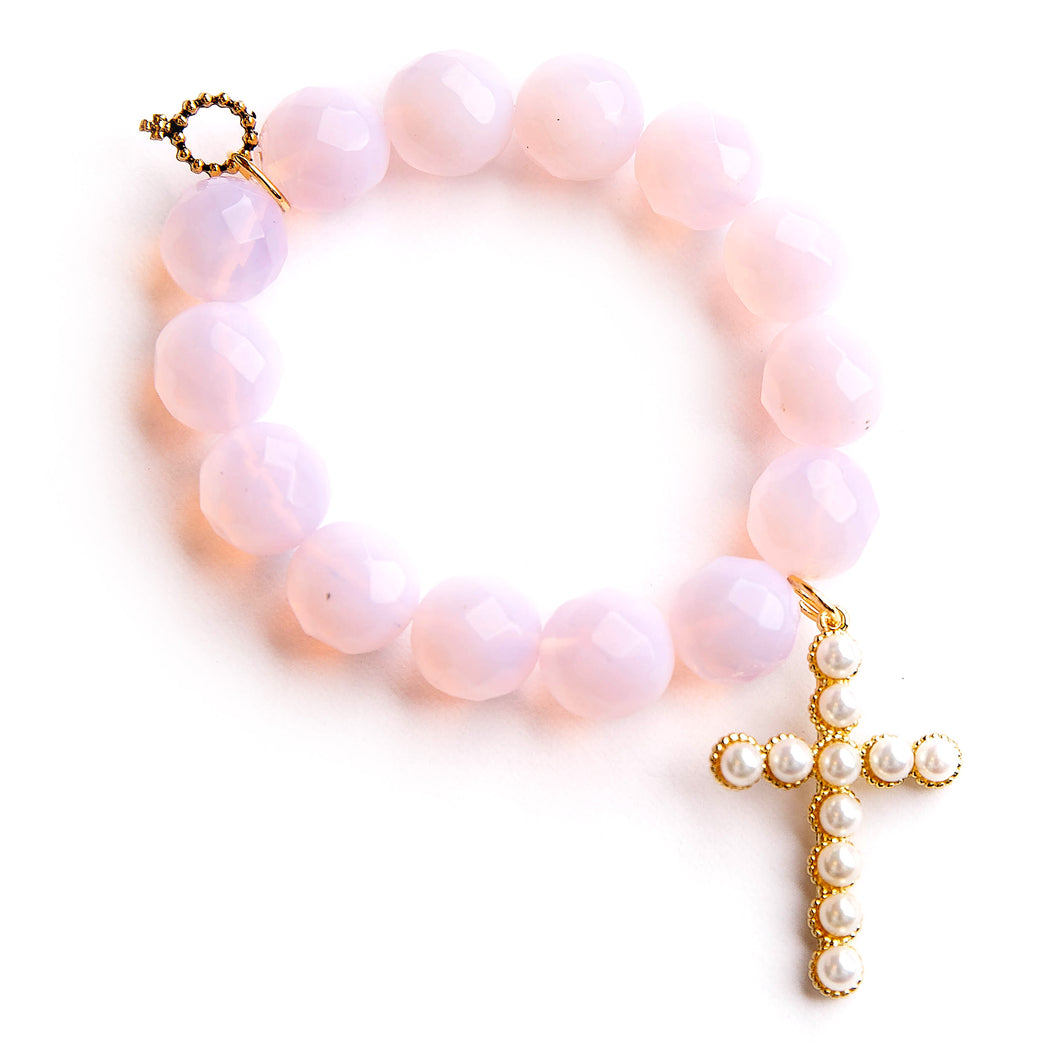 Faceted Pink Opalite with large pearl cross