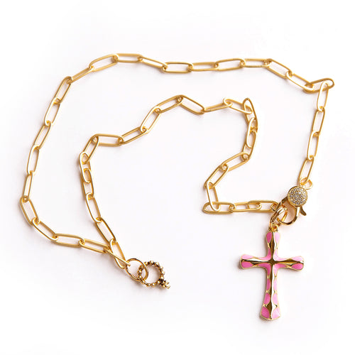 Matte finish paperclip necklace with pink enameled cross