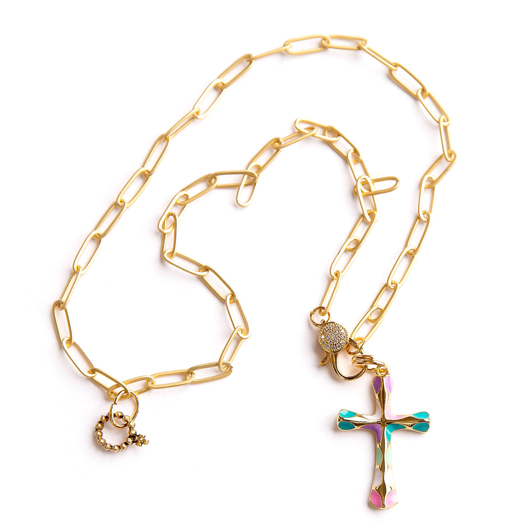 Matte finish paperclip necklace with multi pastel enameled cross