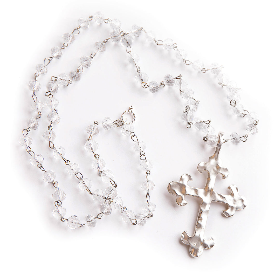 Clear Quartz gemstone necklace with matte silver cross