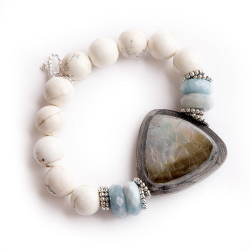 12mm White Howlite paired with silver/blue accents and abalone